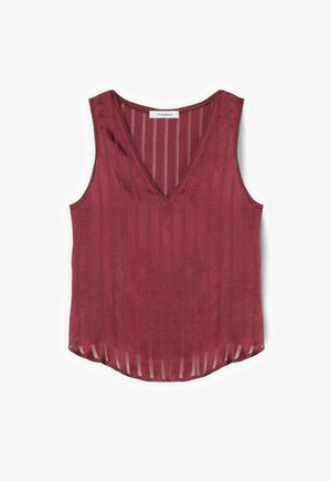 Bezruký bordó top s vertikálními průsvitnými pruhy, výstřihem do V a mírně zaobleným lemem.