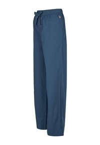 Plave, lagane hlače od tkanine s vezanom strukom, ravnog kroja i bočnim džepovima. Imaju vezeni detalj blizu struka.