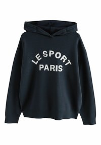 Granatowa bluza z kapturem wykonana z miękkiego materiału, z białym napisem "LE SPORT PARIS" w zaokrąglonym wzorze na przodzie.