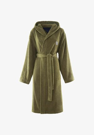Weicher olivgrüner Bademantel mit Kapuze, langen Ärmeln und gebundenem Taillengürtel, mit kleinem Logo auf der Brust.