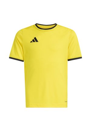 Gelbes Sport-T-Shirt mit kurzen Ärmeln und schwarzem Besatz am Kragen und an den Ärmeln, mit einem schwarzen Adidas-Logo auf der oberen linken Brust.