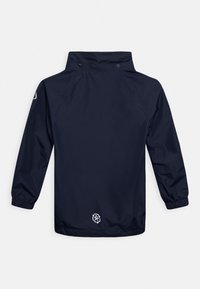 Marineblaue, leichte Regenjacke mit Stehkragen, elastischen Bündchen und Logodetail am Saum. Glatte Textur, praktisches Design.
