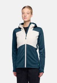 Capuchon ritsjack met een teal en crème kleurblokontwerp, gemaakt van textuurstof, met zijzakken en een getailleerde pasvorm.