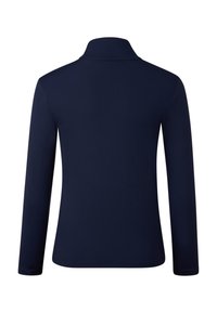 Marineblå langærmet polo med krave, lavet af glat stof, med et tætsiddende design og subtil stræk i materialet.