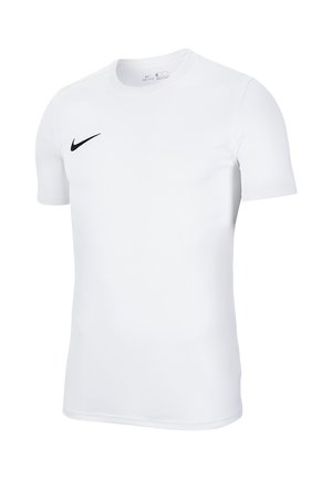 Weißes T-Shirt mit kurzen Ärmeln aus leichtem Material, versehen mit einem schwarzen Nike-Swoosh-Logo auf der linken Brustseite. Weiche und glatte Textur.