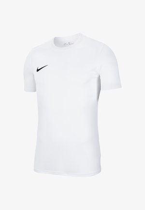 Weißes T-Shirt mit kurzen Ärmeln aus leichtem Material, versehen mit einem schwarzen Nike-Swoosh-Logo auf der linken Brustseite. Weiche und glatte Textur.