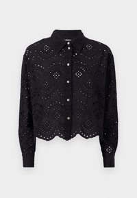 Black long-sleeve button-up blouse with scalloped hem, eyelid cutout patterns, and white buttons, featuring a classic collar.