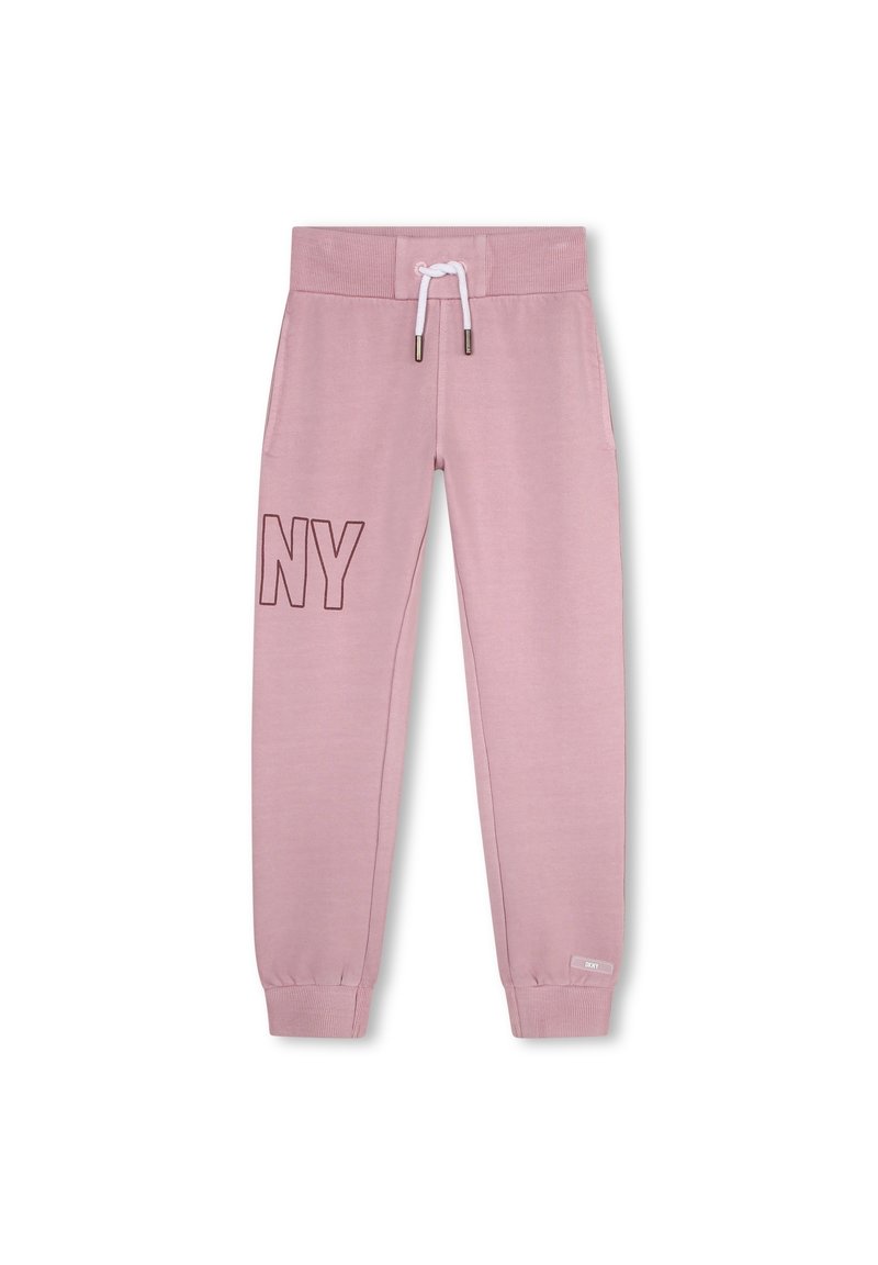 Pantaloni sportivi rosa per bambini con polsini elasticizzati, vita con cordino, tasche laterali e stampa "NY" sulla coscia sinistra.