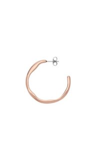 Roséguld hoopörhänge med en oregelbunden, vågig form; har en silverfärgad stud och fäste för säker användning. Slät yta.