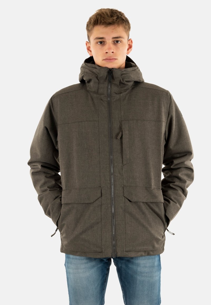 Giacca con cappuccio di un verde scuro, realizzata in un tessuto texture, con zip frontale, due grandi tasche frontali e cordini regolabili nell'orlo.