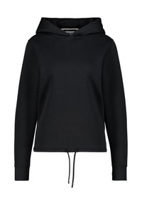 Felpa nera con cappuccio in un morbido tessuto a costine. Presenta un cordino in vita e polsini aderenti, con un design semplice.