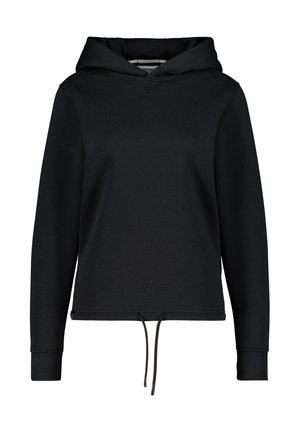 Sweatshirt à capuche noire en tissu doux et côtelé. Doté d'un cordon de serrage à la taille et de poignets ajustés, avec un design uni.
