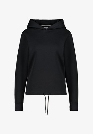 Black hooded sweatshirt in a soft, ribbed fabric. Features a drawstring at the waist and fitted cuffs, with a plain design.