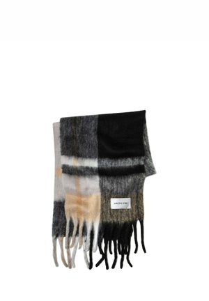 Wool blend scarf featuring a checkered pattern in black, gray, beige, and brown with fringed edges and a label reading "ARCTIC FOX."