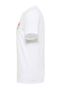 Weißes Baumwoll-T-Shirt mit Rundhalsausschnitt und kurzen Ärmeln, mit einem orangefarbenen Krabbenmotiv und schwarzem Text auf der Vorderseite bedruckt.