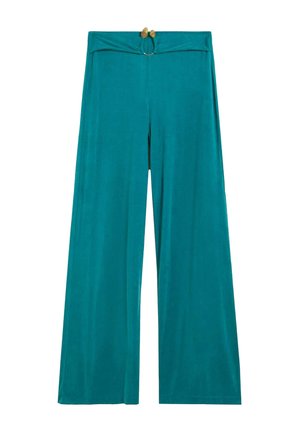 Pantalones anchos color azul verdoso con cintura alta y detalle de botón decorativo en la pretina frontal, tejido liso y textura suave.