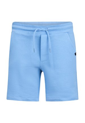Hellblaue lässige Shorts mit elastischem Bund, Kordelzug und Seitentaschen vor weißem Hintergrund.