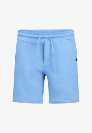 Hellblaue lässige Shorts mit elastischem Bund, Kordelzug und Seitentaschen vor weißem Hintergrund.