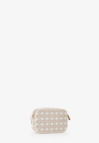 Borsa cosmetica rettangolare con motivo geometrico beige e oro. Realizzata in tessuto testurizzato, presenta una cerniera dorata e sottili dettagli di cucitura.