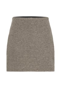 Jupe droite en laine grise jusqu'au genou avec un design simple et une taille élastique.