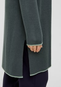 Pull en maille vert foncé à coupe décontractée, avec une fente sur le côté et un ourlet contrastant vert clair. Texture douce, manches longues.