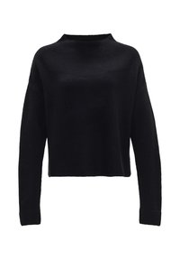 Zwart cropped sweater met een hoge halslijn en lange, brede mouwen. Gemaakt van een gestructureerd breimateriaal. Eenvoudig ontwerp zonder patronen of accenten.
