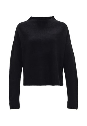 Schwarzer, kurzer Pullover mit hohem Kragen und langen, weiten Ärmeln. Aus einem strukturierten Strickmaterial gefertigt. Schlichtes Design ohne Muster oder Akzente.