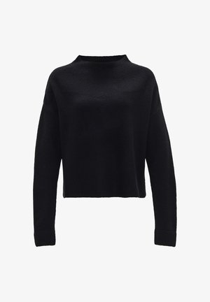 Schwarzer, kurzer Pullover mit hohem Kragen und langen, weiten Ärmeln. Aus einem strukturierten Strickmaterial gefertigt. Schlichtes Design ohne Muster oder Akzente.