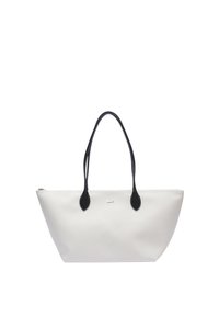 Witte tas met zwarte handvatten en accenten, gemaakt van glad materiaal. Beschikt over een ritsafsluiting en subtiele logodetail aan de voorkant.