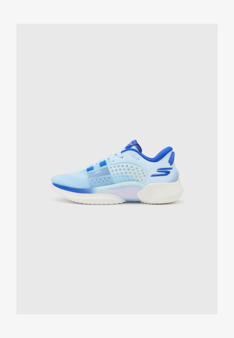 Helles blaues Sport Schuhwerk mit einem geschichteten Design, das Mesh-Akzente, dunklere blaue Schnürsenkel und eine weiße Gummisohle aufweist.