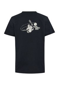 T-shirt noir en coton avec un graphique d'une abeille de dessin animé jouant au tennis dans le dos. Il a des manches courtes et un col rond.