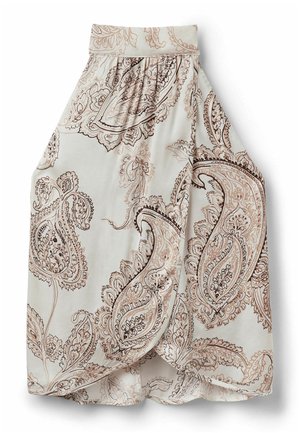 Krémově zbarvená sukně s vysokým pasem s velkými béžovými a hnědými paisley vzory a designem tulipánového překladu vpředu.