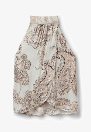 Kremfarvet nederdel med høj talje med store beige og brune paisley mønstre og tulipan wrap foran design.