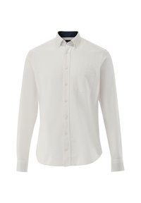 Langarm-Hemd aus leichtem Baumwollstoff in Cremefarbe, mit klassischem Kragen, einer Brusttasche und Knopfverschluss auf der Vorderseite und den Manschetten.
