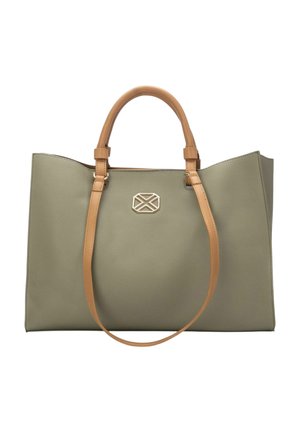 Olijfgroene draagtas met leren handvatten in tan en een gouden geometrisch embleem in het midden aan de voorkant.