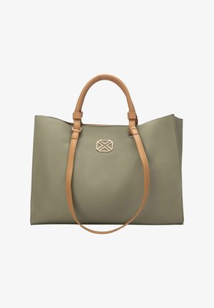 Olijfgroene draagtas met leren handvatten in tan en een gouden geometrisch embleem in het midden aan de voorkant.