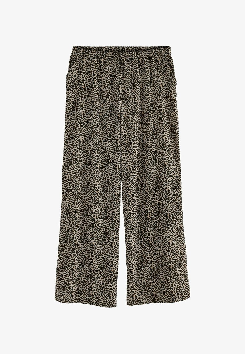 Pantalon à jambes larges avec imprimé léopard marron et noir et taille élastique, présenté à plat sur fond blanc.