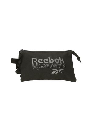 Estuche rectangular negro con cremallera y logotipo de Reebok impreso dos veces en gris en la parte delantera, con un pequeño lazo lateral.