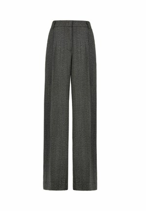 Breda byxor i mörkgrå texturerad tyg. Har hög midja och strukturerad design, med släta, rena linjer och ingen synlig hårdvara.