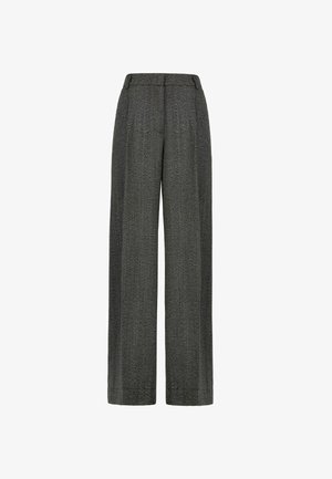 Pantalons large en tissu texturé gris foncé. Dotés d'une taille haute et d'un design structuré, avec des lignes lisses et épurées et sans quincaillerie visible.