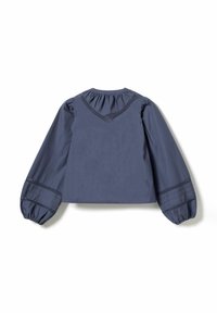 Tmavě modrá dlouhý rukáv halenka s elastickými manžetami, krajkovým lemem na rukávech a výstřihem ve tvaru V, na límci a rukávech sbíraná látka.