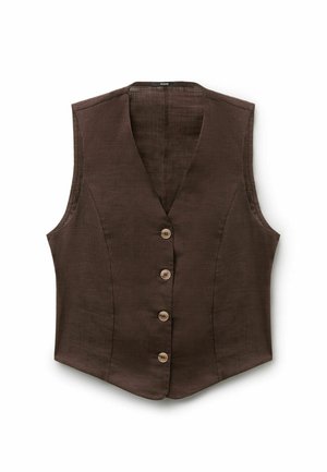 Gilet marron sans manches avec col en V et quatre boutons devant en tissu texturé.