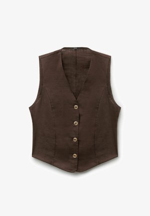 Gilet marron sans manches avec col en V et quatre boutons devant en tissu texturé.