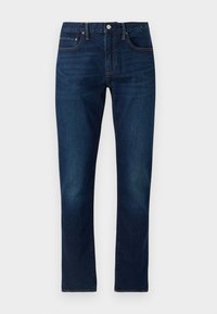 Jeans in denim blu scuro con taglio dritto. Le caratteristiche includono cuciture a contrasto, cinque tasche e chiusura anteriore con bottone.