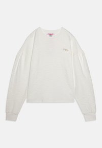 Sudadera blanca con un patrón floral en relieve, mangas largas, puños acanalados y un pequeño logo dorado en el pecho. Tejido suave y texturizado.