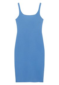 Robe bodycon sans manches de couleur bleue, faite d'un tissu lisse. Présente un décolleté arrondi et une silhouette ajustée, sans motifs ni accents visibles.