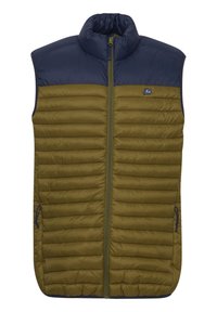 Grøn og navy polstret vest med høj krave, fuld lynlås og to sidelommer. Vandret stikningsdetaljer tilføjer tekstur.