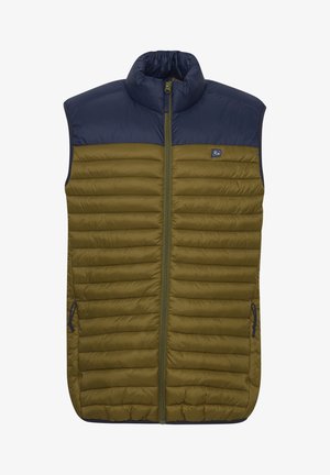 Grøn og navy polstret vest med høj krave, fuld lynlås og to sidelommer. Vandret stikningsdetaljer tilføjer tekstur.