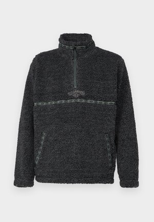 Sudadera de forro polar en gris oscuro con un cuello alto, cremallera de cuarto y acentos en verde con patrón en el pecho y los bolsillos.