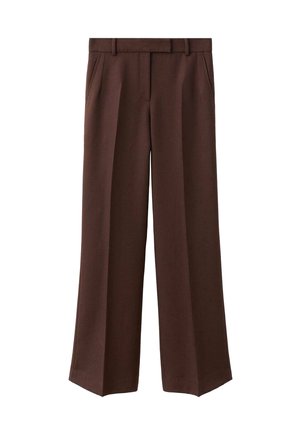 Pantalones de pierna ancha marrones, confeccionados en un tejido texturizado, con una cinturilla estructurada, bolsillos laterales y pliegues frontales marcados.